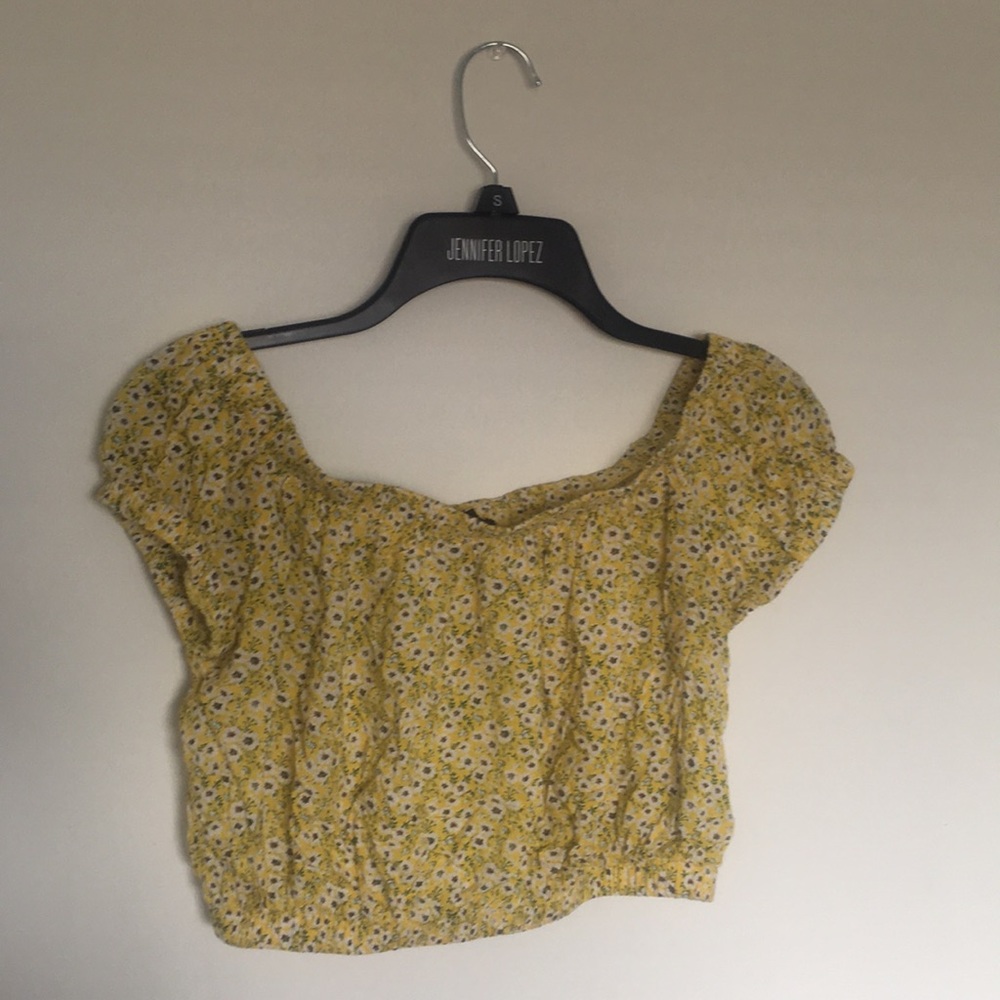 F21 yellow floral off shoulder crop top